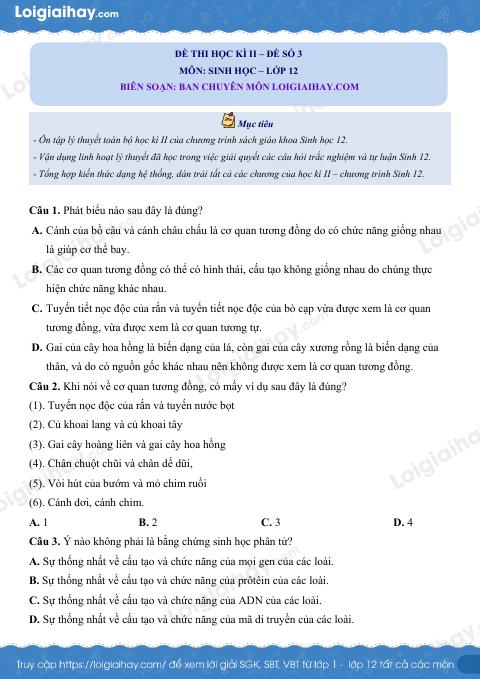 Đề số 3 – Đề kiểm tra học kì 2 – Sinh 12